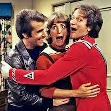 Fonzie and Mork hug Laverne All Laugh
